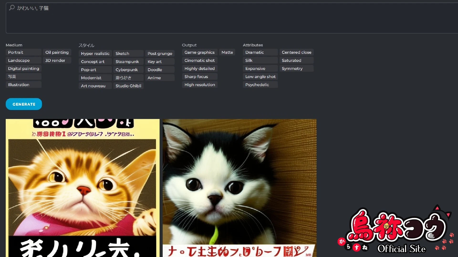 Pixlr の AI generator で作った未知の言語が混ざった子猫のイラスト