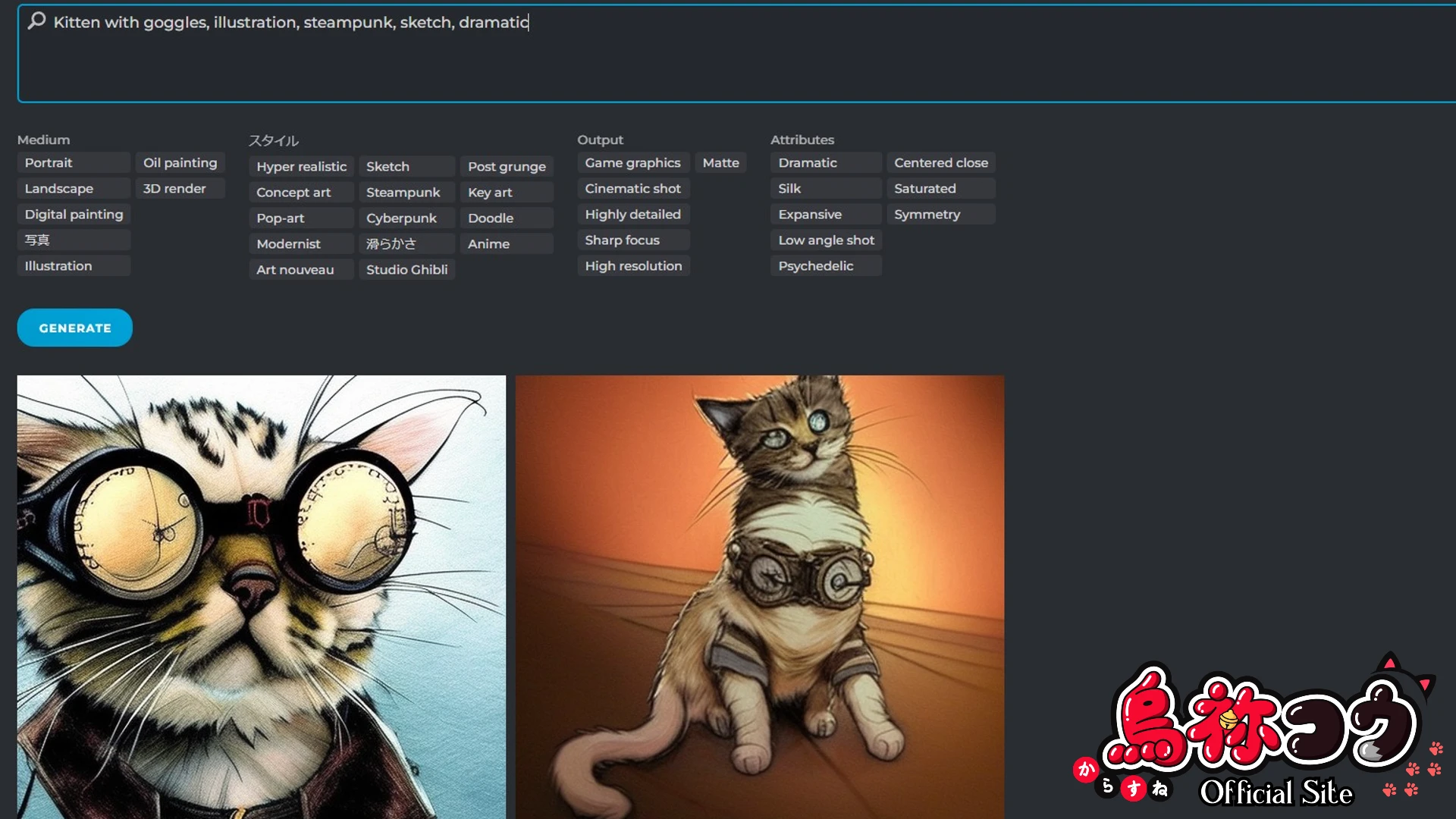 Pixlr の AI generator で作ったスケッチ風のスチームパンクの猫のイラスト