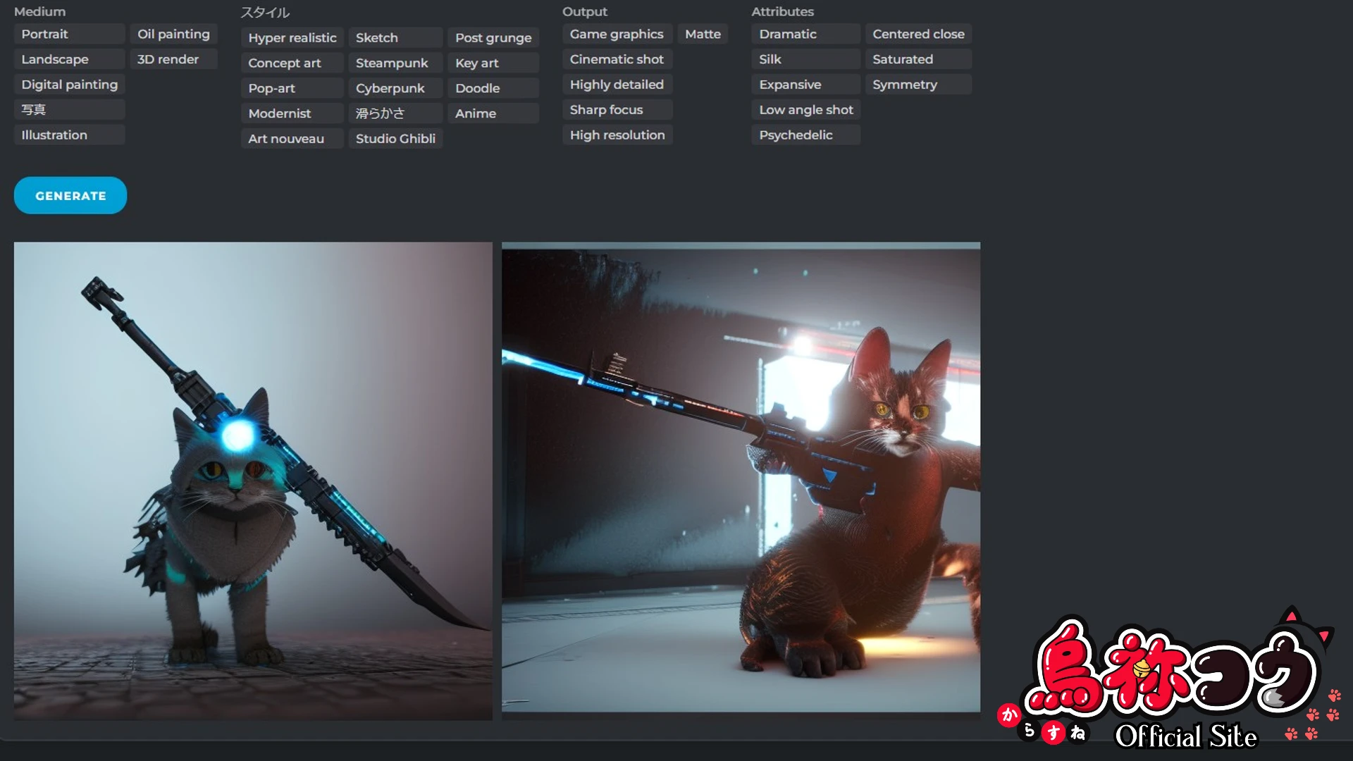 Pixlr の AI generator で作ったサイバーパンクな武装猫の 3D イラスト