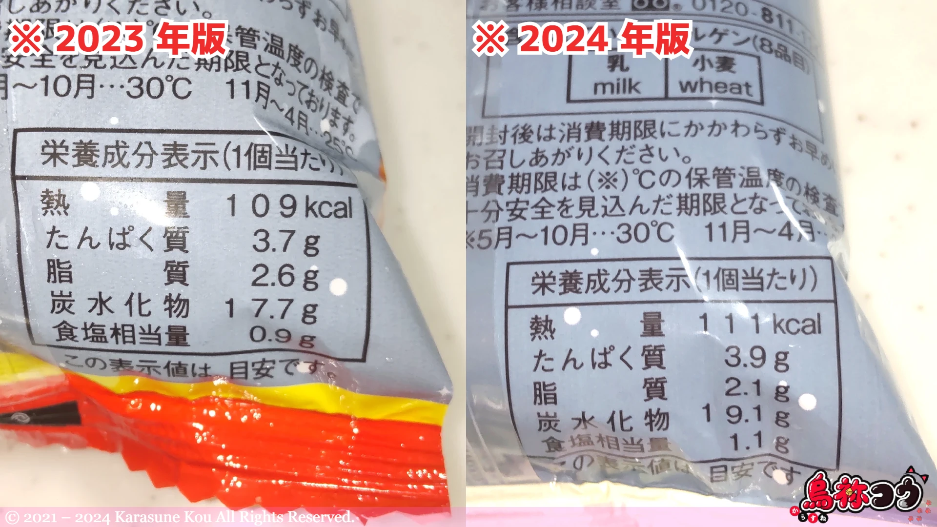 ランチパック ソース焼そば(日清焼そばU.F.O.監修) の栄養成分表示の 2023 年と 2024 年の比較です