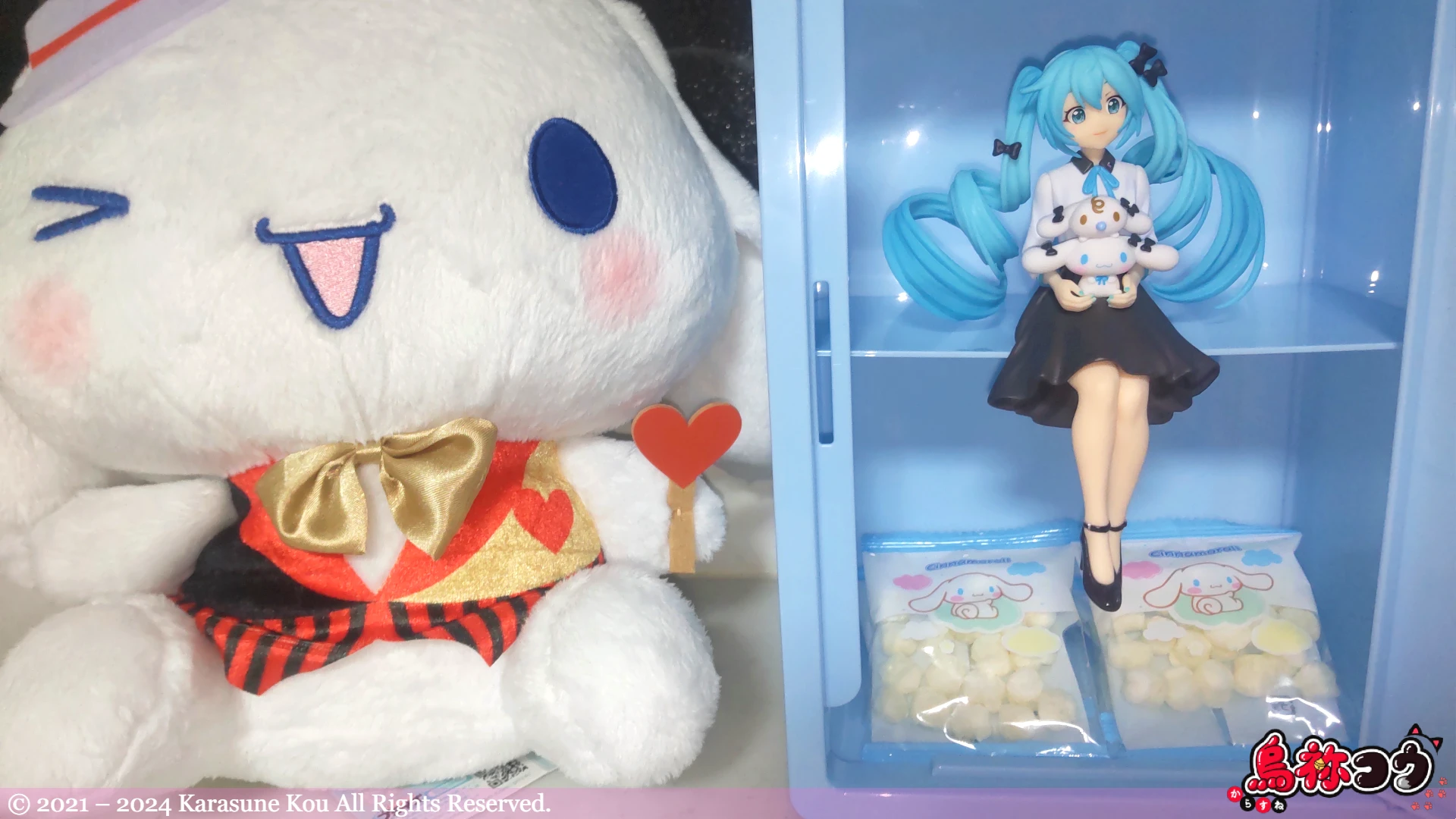 サンリオキャラクターズ シナモロール お菓子ロッカー BOX にシナモロールコラボの初音ミクのフィギュアを入れたところです