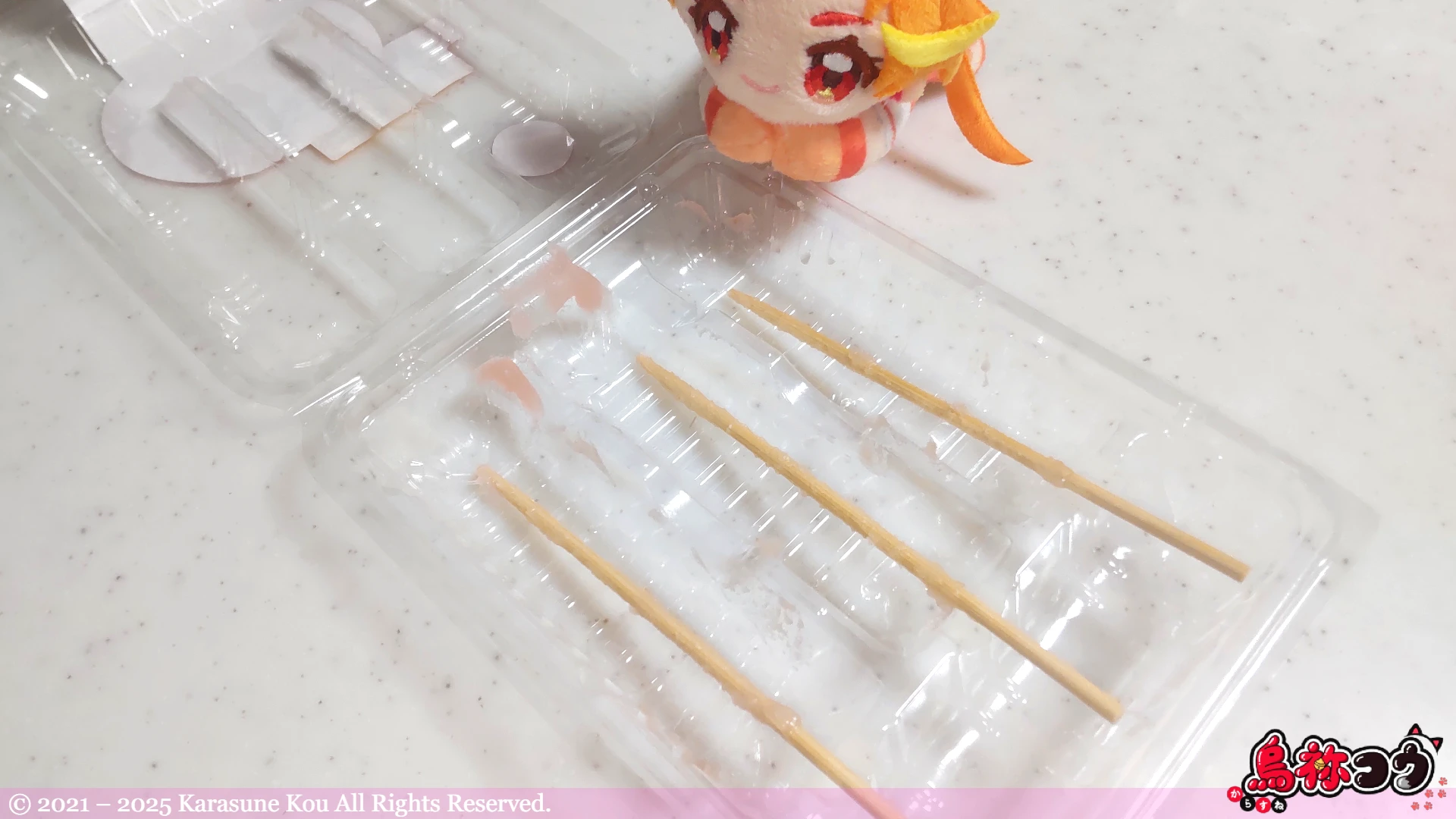 食べ終えた桜もち風味くし団子です